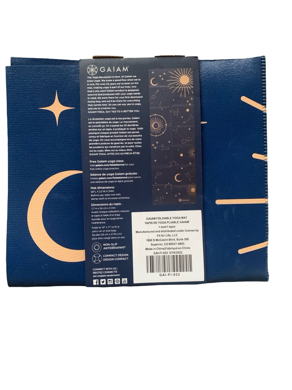 Gaiam Foldable Blue Celestial YOGA MAT Sun Moon Stars 68"x 22"x 2mm Travel Mat - Picture 2 of 2